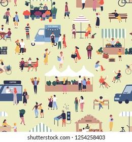 Seamless pattern with people buying and selling goods at street food seasonal market. Backdrop with men and women walking between stalls or kiosks at outdoor fair. Flat cartoon vector illustration.