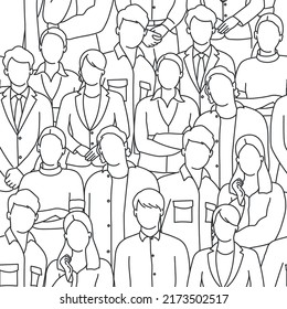 Seamless pattern with people crowd. Hand drawn vector illustration. Black and white.