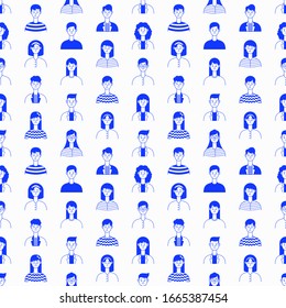 Patrón transparente de personas con diferentes emociones. Gente caucásica, joven y feliz con ropa informal. Ilustración vectorial en estilo plano.