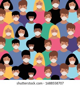 Seamless pattern with people of different nationalities wearing medical masks. Vector illustration.