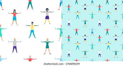 Seamless pattern with with people of different nationalities and gender keeping social distance
