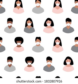 Nahtloses Muster mit Menschen unterschiedlicher Nationalität, die medizinische Masken tragen. Vektorgrafik.