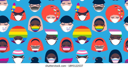 seamless pattern with people of different nationalities in medical face masks. LGBTQ Pride Month. Coronavirus pandemic. Covid-19