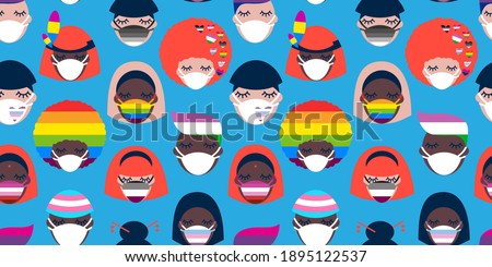 seamless pattern with people of different nationalities in medical face masks. LGBTQ Pride Month. Coronavirus pandemic. Covid-19