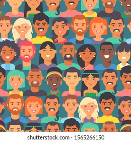 Seamless pattern with people of different races and nationalities, vector illustration. Flat style portraits of smiling men and women, diversity of international human society. People around the world