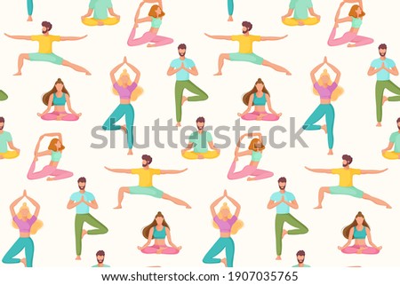 Seamless pattern with people in different yoga position. Physical and spiritual practice. The concept of yoga, meditation and relax. Flat vector illustration.