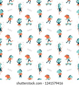 Seamless pattern of people in dinosaur masks on white background in cartoon style. For card, poster, nursery, packaging paper, printing on fabric, Wallpaper