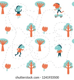 Seamless pattern of people in dinosaur masks on white background in cartoon style. For card, poster, nursery, packaging paper, printing on fabric, Wallpaper