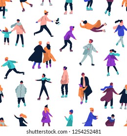 Seamless pattern with people dressed in winter clothes ice skating on rink. Backdrop with men, women and children in seasonal outerwear on ice skates. Vector illustration in flat cartoon style.