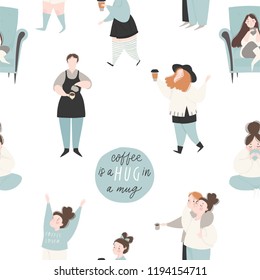 Seamless pattern with people. People drink, make coffee and having fun. Cozy background in pastel colors