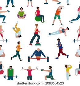 Seamless pattern. People engaged in fitness, sports, yoga and athletics.  Athletes with shells.Vector illustration.