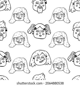 Seamless pattern with people faces in doodle style. Vector illustration.