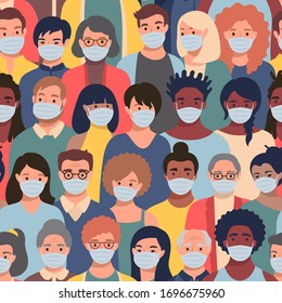 Seamless pattern with people faces in protective masks of different ethnicity and ages. Concept of coronavirus quarantine, air pollution protection repeating background.