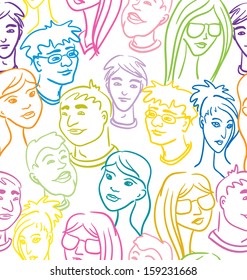 Seamless pattern with people faces - very big crowd. Color vector illustration. 