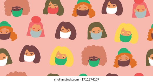Seamless pattern with people faces wearing cute breathing face masks. Breathing face masks. Modern covid-19 seamless pattern of people social isolation. coronavirus