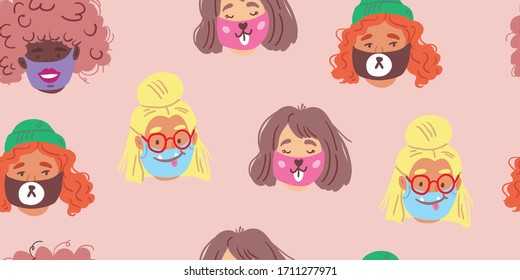 Seamless pattern with people faces wearing cute breathing face masks. Breathing face masks. Modern covid-19 seamless pattern of people social isolation. coronavirus