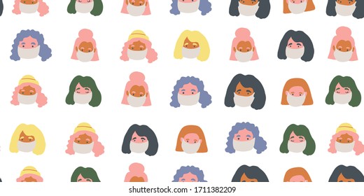 Seamless pattern with people faces wearing cute breathing face masks. Breathing face masks. Modern covid-19 seamless pattern of people social isolation. coronavirus