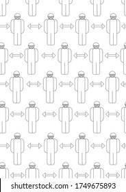 Seamless pattern with people in facial masks and the distance between them during an epidemic. Outline vector wound stockok illustration or texture with a safe distance between people as a coloring 