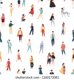 Seamless pattern with people in fashionable outfits walking, standing, posing for photo, talking. Backdrop with stylish men and women. Colorful vector illustration in flat style for textile print.