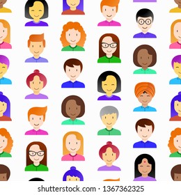 Seamless pattern with people flat icons: smiling cartoon male and female heads. Avatars of people with different races: caucasian, asian, african, hindu. Modern vector illustration.