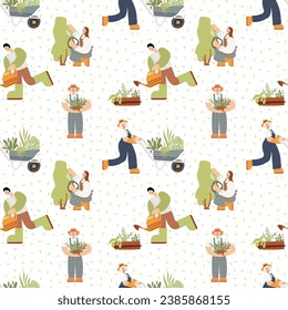 Seamless pattern. People in the garden. Happy woman and man planting plant with gardening tools: shovel, rake, gloves, wheelbarrow, shears, watering can. 