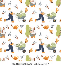 Seamless pattern. People in the garden. Happy woman and man planting plant with gardening tools: shovel, rake, gloves, wheelbarrow, shears, watering can. 