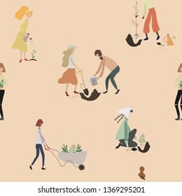 Seamless pattern with people gardening in spring or summer. Cute women with tools: watering can, wheelbarrow, shovel and plants doing garden work on pink background. Flat cartoon vector illustration