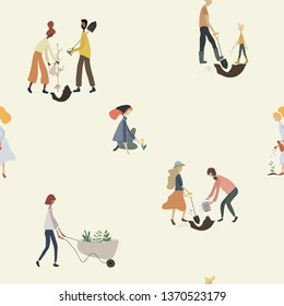 Seamless pattern with people gardening in spring or summer. Women, men with tools: watering can, wheelbarrow, shovel and plants doing garden work on beige background. Flat cartoon vector illustration