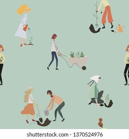 Seamless pattern with people gardening in spring or summer. Cute women with tools: watering can, wheelbarrow, shovel and plants doing garden work on green background. Flat cartoon vector illustration