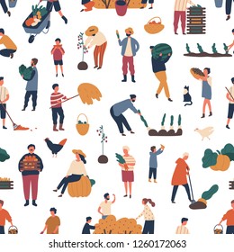 Seamless pattern with people gathering crops in autumn. Backdrop with farmers harvesting or collecting seasonal ripe fruits and vegetables on white background. Flat cartoon vector illustration.