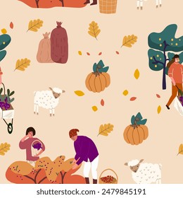 Nahtloses Muster mit Menschen, die im Herbst Getreide sammeln. Hintergrund mit Bauern, die saisonreifes Obst und Gemüse ernten oder sammeln. Handgezeichnet. Vektorgrafik.