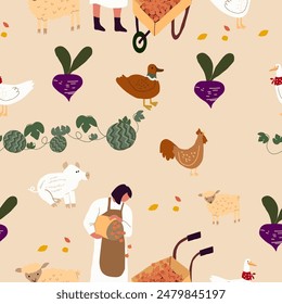 Seamless pattern with people gathering crops in autumn. Backdrop with farmers harvesting or collecting seasonal ripe fruits and vegetables. Hand drawn. Vector.