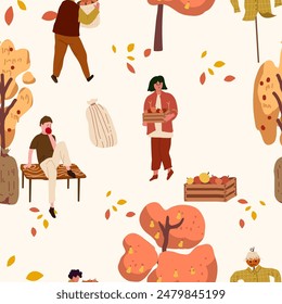 Seamless pattern with people gathering crops in autumn. Backdrop with farmers harvesting or collecting seasonal ripe fruits and vegetables. Hand drawn. Vector.