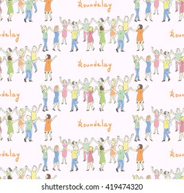 Seamless pattern of the people hands up roundelay. Vector tracing colorful sketch