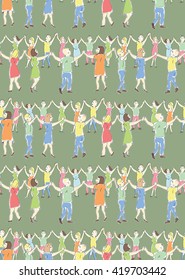 Seamless pattern of the people hands up roundelay. Vector tracing colorful sketch