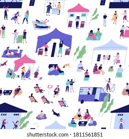 Seamless pattern with people at indie open air festival or hipster event activity. Persons chill together or have recreation at outdoor summer music party. Flat vector background on white