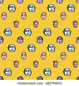 Seamless pattern with people. Ink drawing simply faces in doodle style. Design for social media, backgrounds and textile or wrapping paper