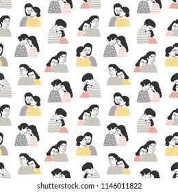 Seamless pattern with people in love. Backdrop with cute cuddling romantic couples or hugging men and women on white background. Hand drawn vector illustration for textile print, wrapping paper