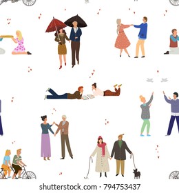 Seamless pattern with people in love. Valentine's Day. Happy couples with different activities. Vector illustration