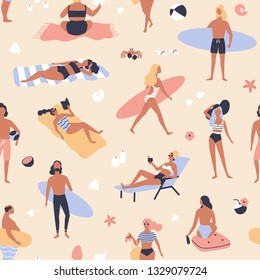 Seamless pattern with people lying on beach and sunbathing, reading books, surfers carrying surfboards. Backdrop with men and women relaxing at summer resort. Vector illustration for fabric print.