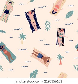 Seamless pattern with people lying on beach and sunbathing, reading books. People swimming, sunbathing and relaxing in the ocean.. Vector illustration for fabric print.