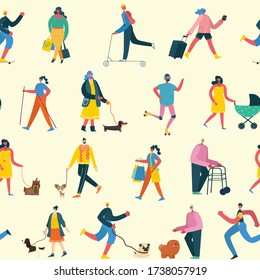 Seamless pattern of people man and woman walking, jogging, running, skating, go shopping and do other outdoor activity. Colorful vector illustration in modern flat style. Health life concept.