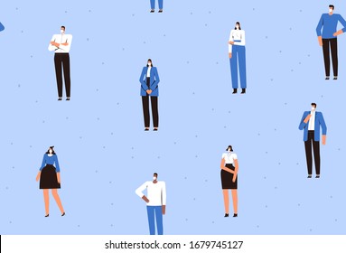 Seamless pattern. People in medical masks stand at a safe distance from each other. The fight against the new coronavirus COVID-2019