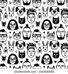 Patrón sin problemas. Gente y animales urbanos más populares. Retrato al estilo Hipster. Dibujos de Doodle. Dibujo manual vectorial de personajes divertidos.