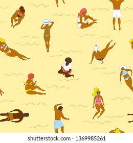Seamless pattern with people on the beach. Flat vector illustration. Summer vacation at sea, sunbathing girls and boys.