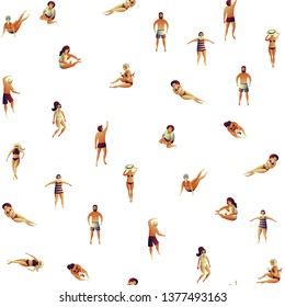 Seamless pattern with people on the beach. Flat vector illustration. Summer holiday in the resort, sunbathing girls and boys.