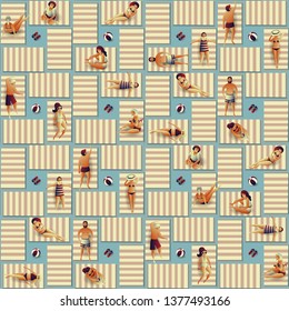 Seamless pattern with people on the beach. Flat vector illustration. Summer holiday in the resort, sunbathing girls and boys on rugs and mats.