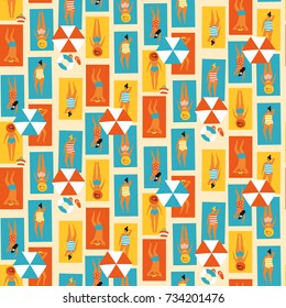 Seamless pattern with people on the beach. Vector illustration