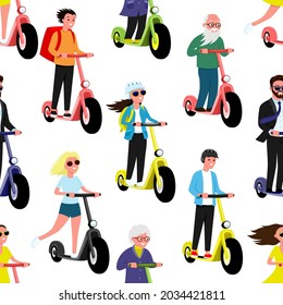 Seamless pattern with people on electric scooters on white background.