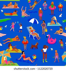 Seamless pattern. A lot of people on the night sandy beach. People relax and have fun. Summer vacation on the sea shore.